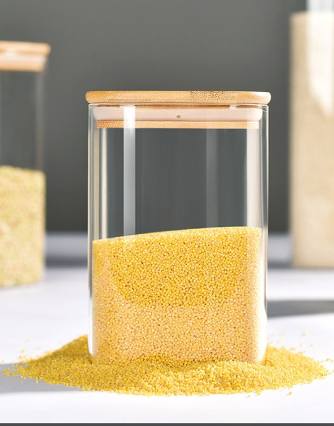 Square Shaped Borosilicate Glass Jar with Bamboo Lid