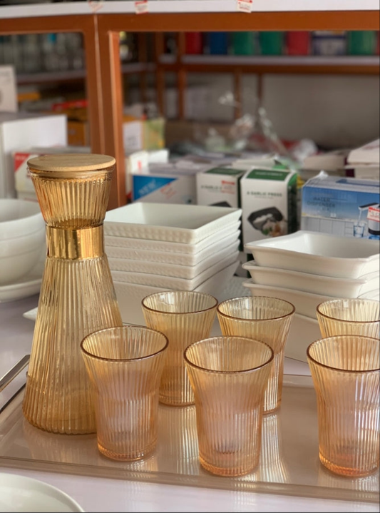 8 Piece drinking Set. Ribbed Glass Decanter Set