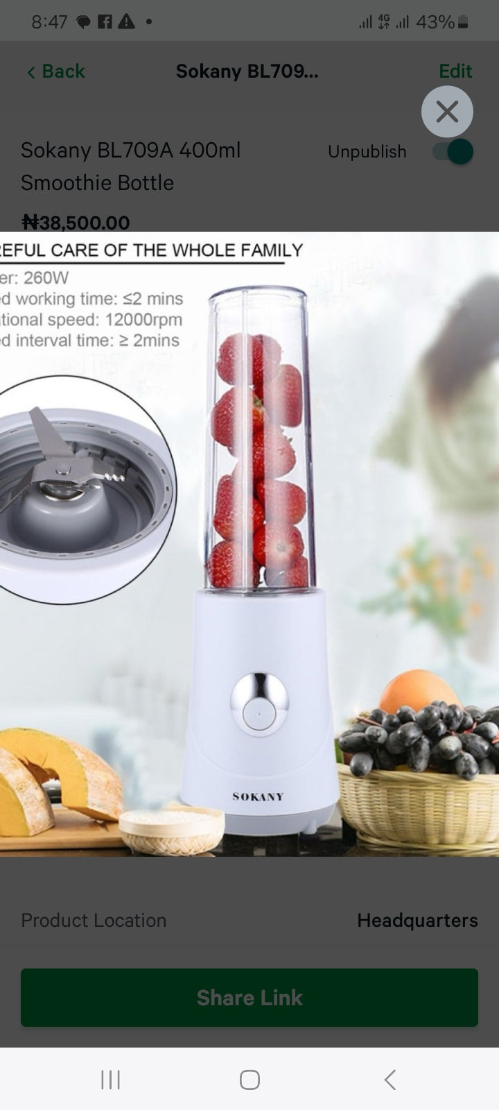 Sokany BL709A 400ml  Smoothie Bottle