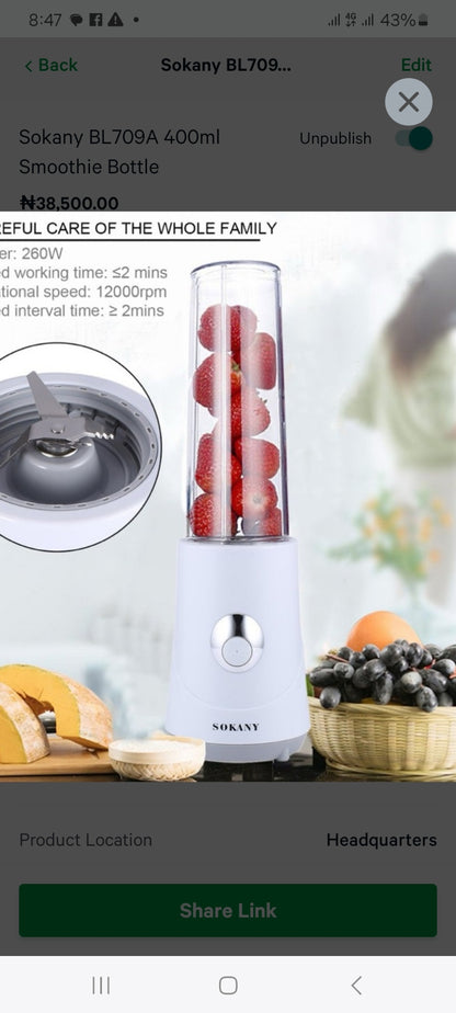 Sokany BL709A 400ml  Smoothie Bottle