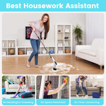 Cordless Rechargeable spin scrubber with extendable rod and 7 replacement brush heads