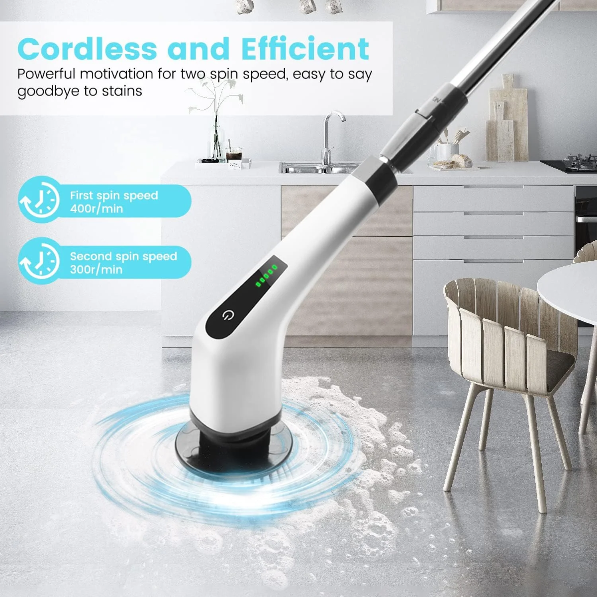 Cordless Rechargeable spin scrubber with extendable rod and 7 replacement brush heads