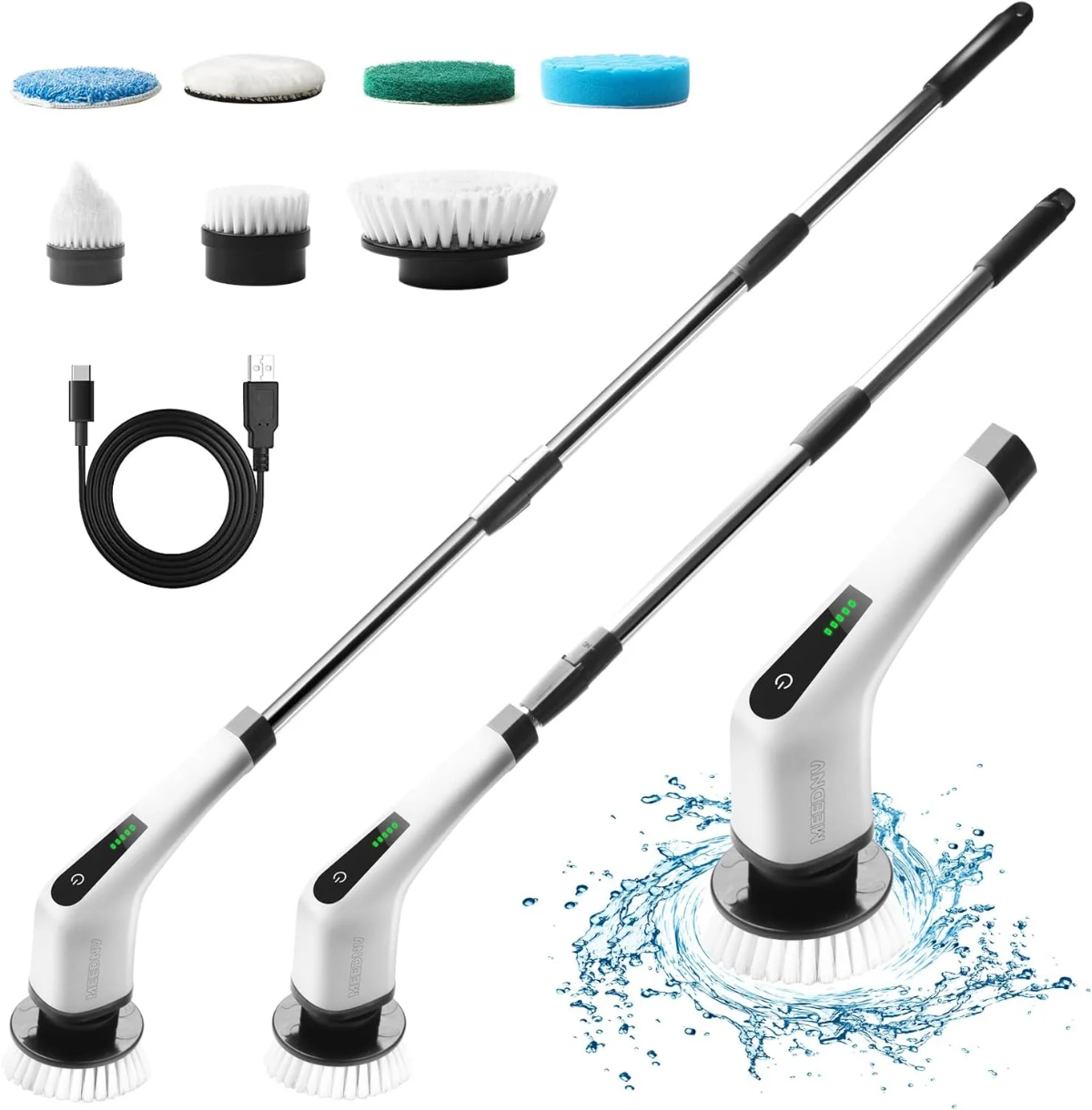 Cordless Rechargeable spin scrubber with extendable rod and 7 replacement brush heads