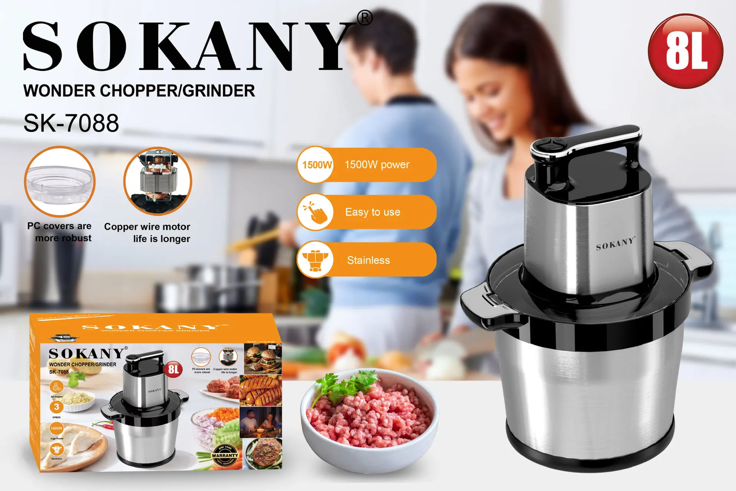 8L Sokany Electric Yam Pounder. 1,500watts powerful Meat Grinder, Multipurpose food Processor 7088