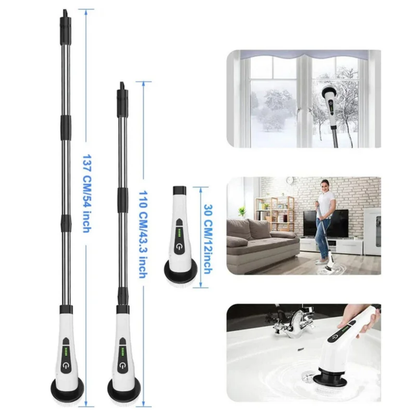 Cordless Rechargeable spin scrubber with extendable rod and 7 replacement brush heads