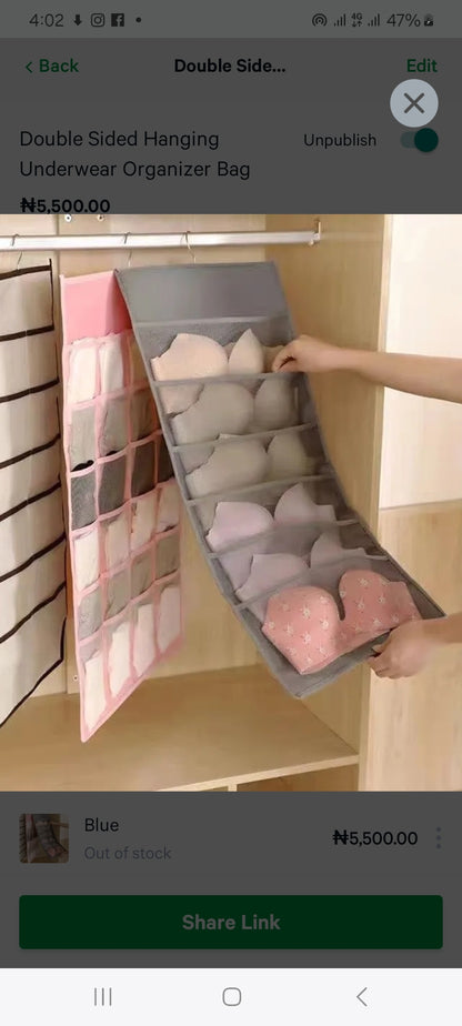 Double Sided Hanging Underwear Organizer Bag